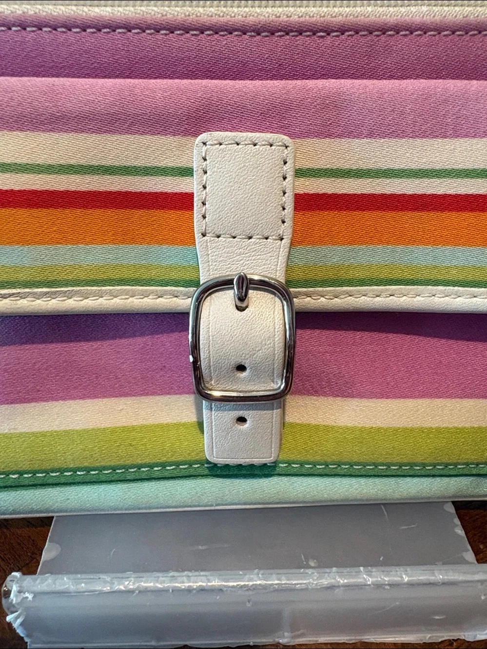 Coach Hampton wristlet  clutch Multicolor Striped  violet green / white leather